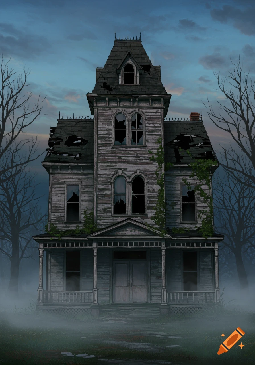 A dilapidated, abandoned Victorian house with broken windows and a damaged roof, surrounded by bare trees and fog at twilight.