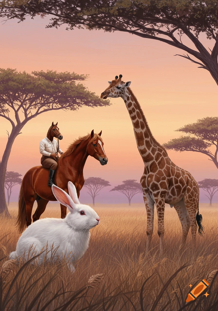 A horse-headed human in riding attire sits atop a brown horse in a savanna at sunset, facing a giraffe. A white rabbit is in the foreground.