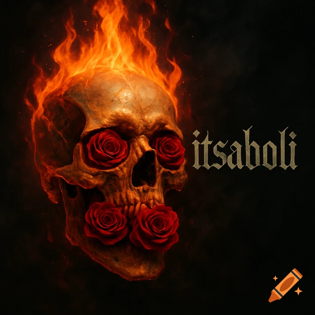 A stylized flaming skull with red roses in its eyes and mouth, on a dark background, with the word 'itsaboli' in a gothic font.