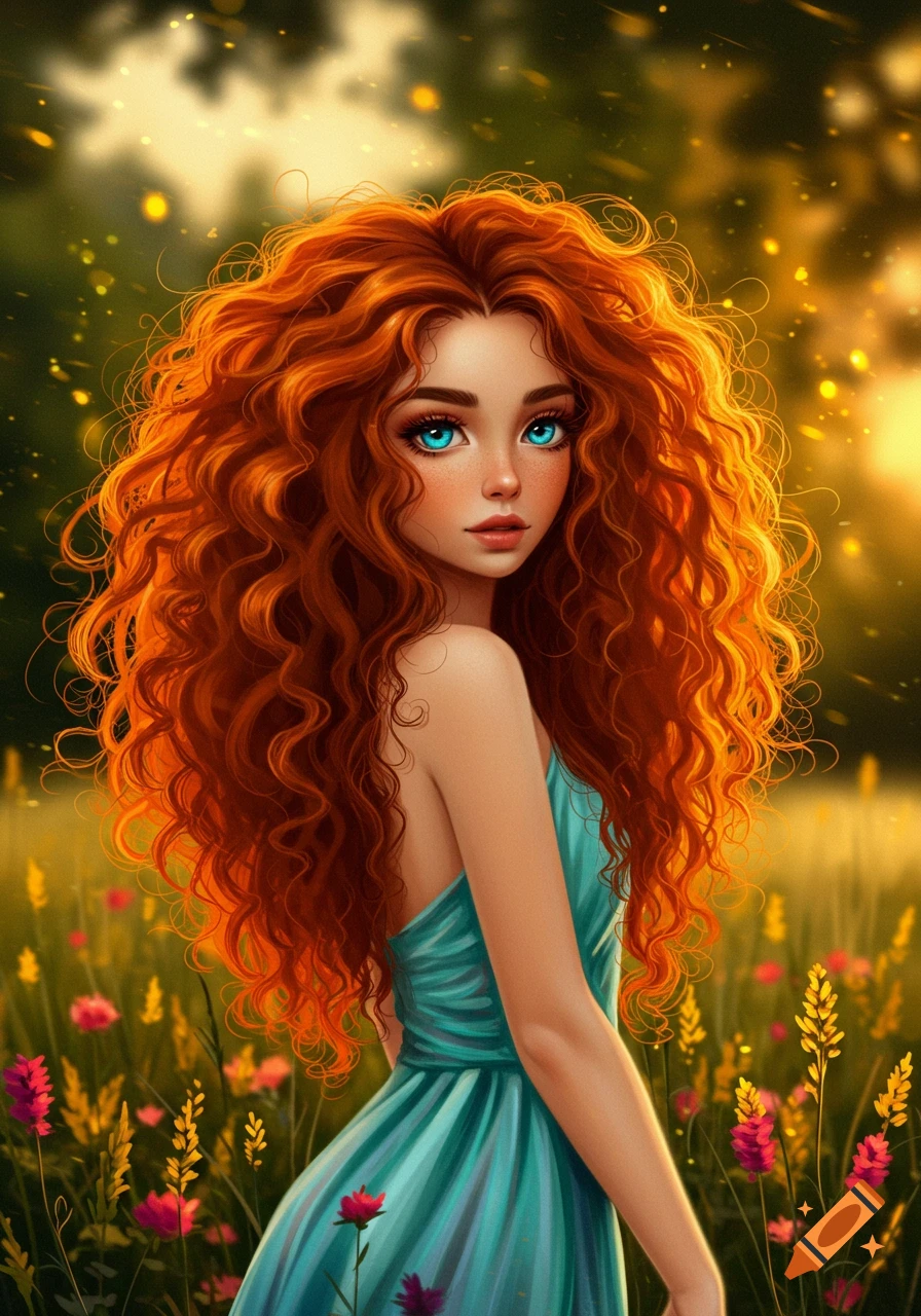 Stylized illustration of a girl with fiery red curly hair and blue eyes, wearing a teal dress in a sunlit field of flowers.