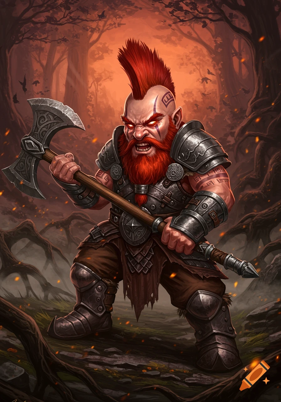Fierce dwarf berserker with a red mohawk and beard, clad in armor, wielding a greataxe in a dark, smoky fantasy forest. Detailed art.
