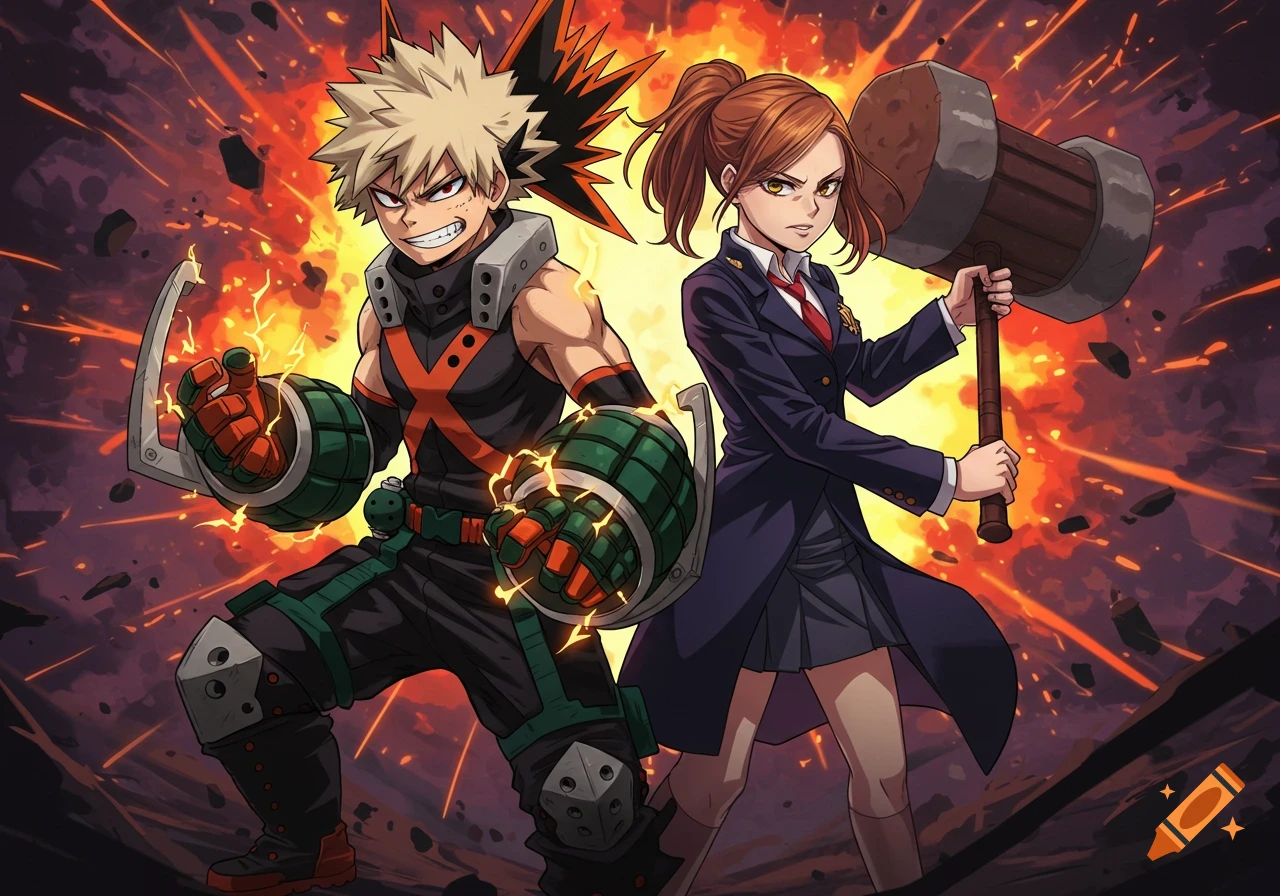 Anime artwork of a spiky-haired male with grenadier gauntlets and a female with a hammer, against an explosive background.