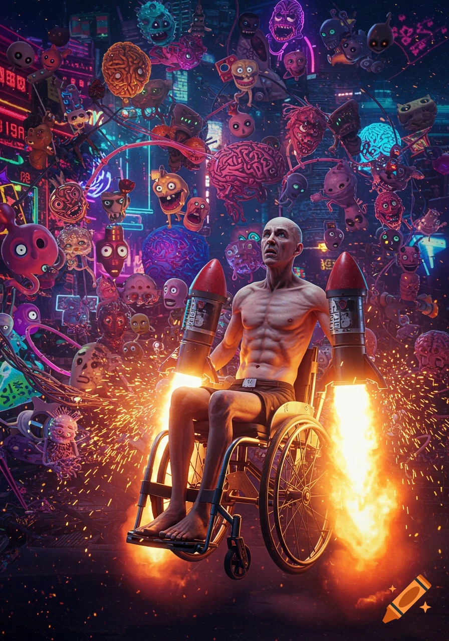 A skinny, shirtless man in a rocket-powered wheelchair flies through a chaotic cyberpunk city filled with grotesque floating meme characters. Photorealistic.