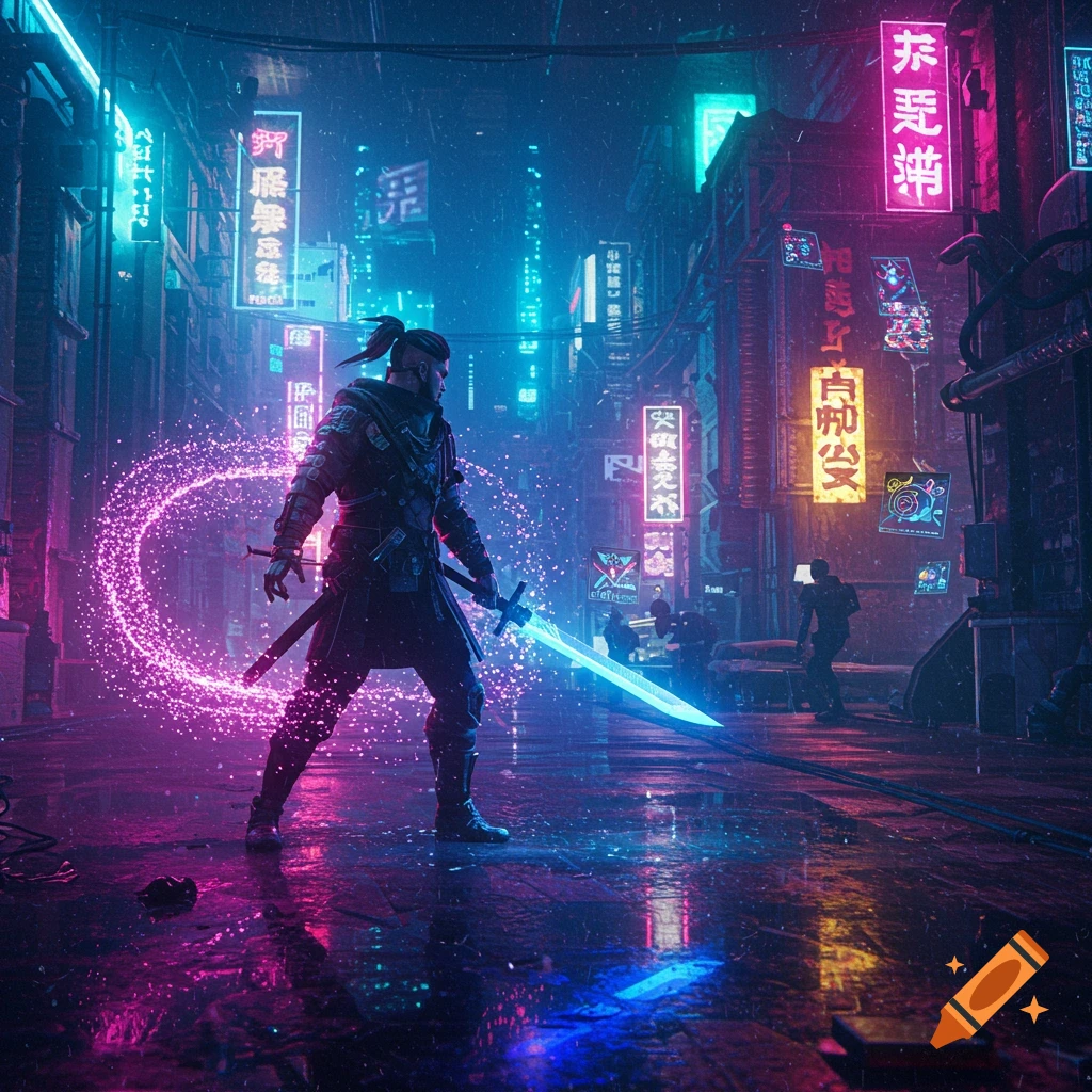 A cyberpunk warrior with a glowing sword stands in a neon-lit, rainy futuristic city street with many illuminated signs.