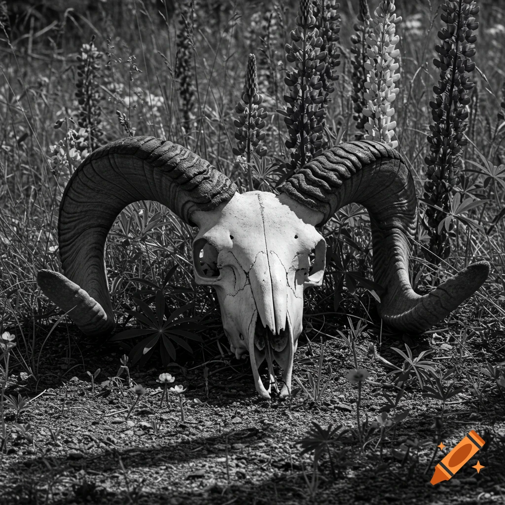 A black and white close-up of a bighorn sheep skull with large curved horns resting in tall grass and wildflowers.