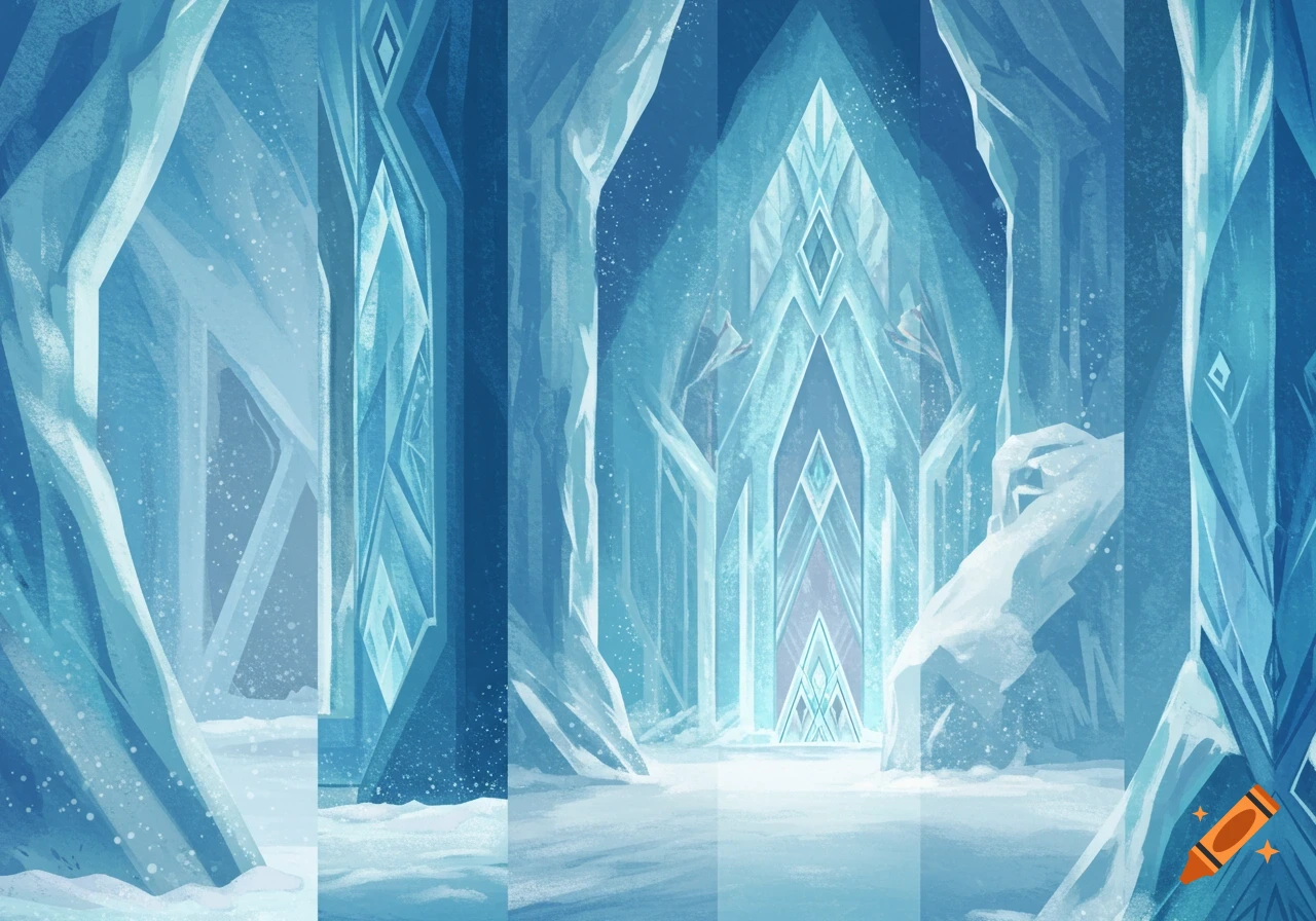 Stylized blue and white ice palace interior with snow, sharp ice formations, and a glowing archway.