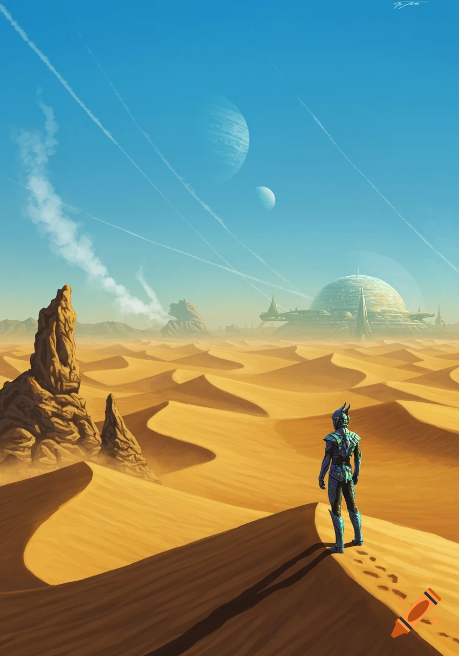 A person in futuristic armor stands on a desert dune, looking at a distant sci-fi city under a sky with planets.