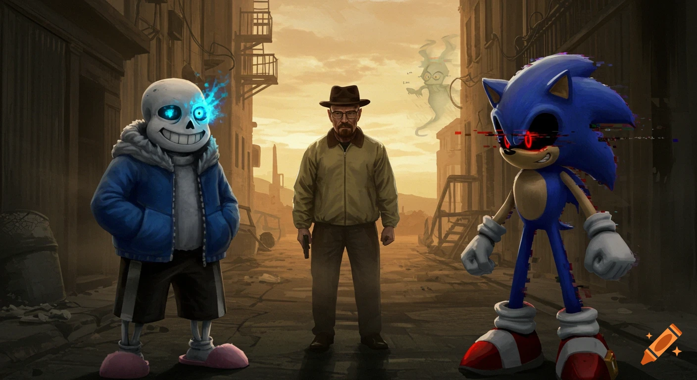 Sans the skeleton, Walter White holding a gun, and glitchy Sonic.exe stand in a desolate street with an orange sky, in a digital art style.