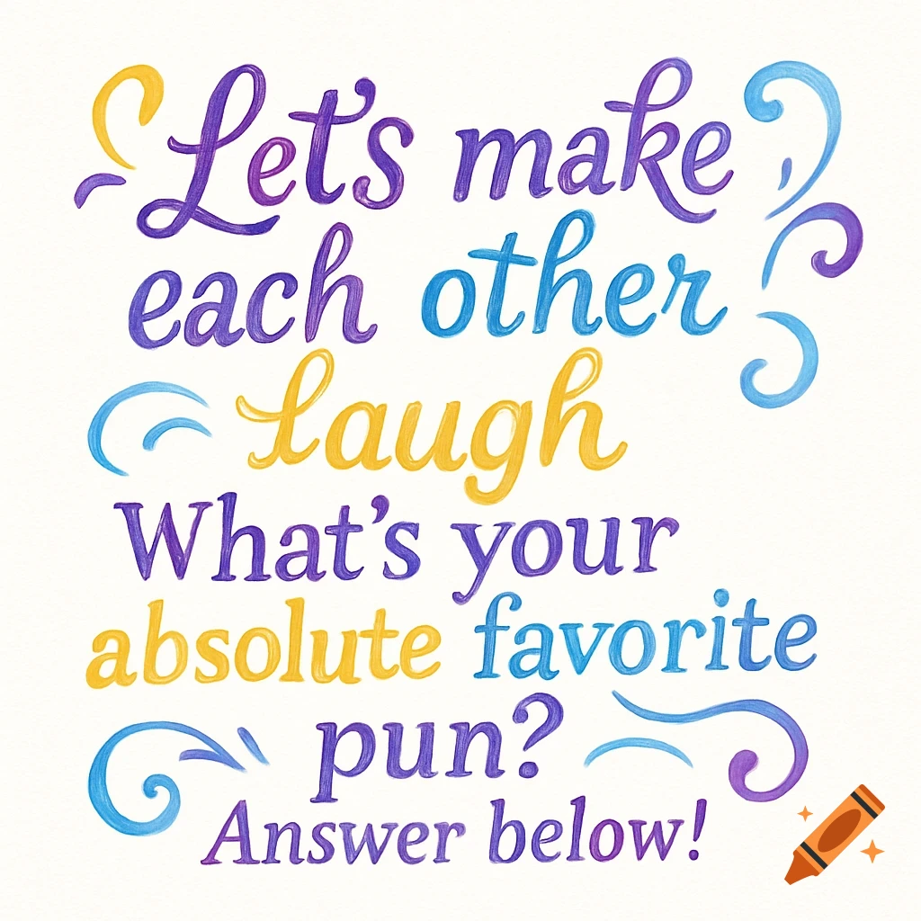 Decorative text in purple, blue, and yellow on a white background reads: 'Let's make each other laugh. What's your absolute favorite pun? Answer below!'