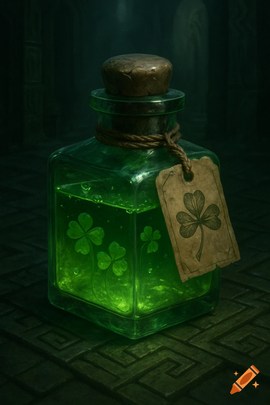 A glowing green fantasy potion in a square glass bottle with shamrocks inside and on a label, on a labyrinth floor.
