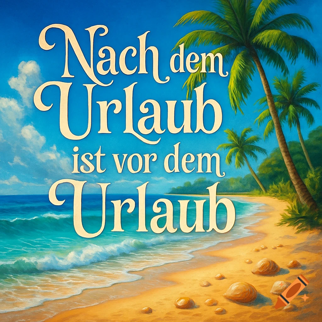 Vibrant, painterly tropical beach with palm trees, blue ocean waves, and large German text.