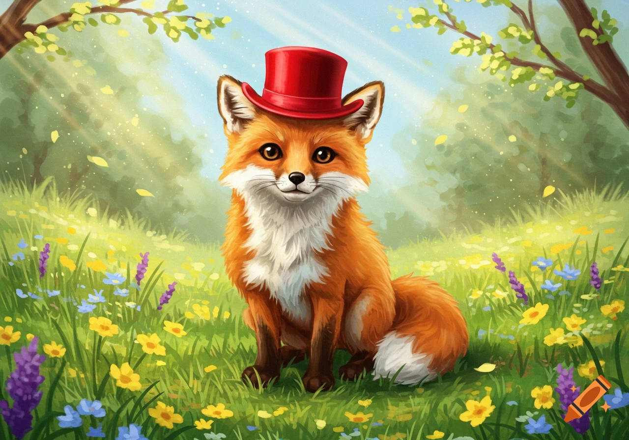 A cute orange fox wearing a red top hat sits in a sunny green field filled with colorful flowers.