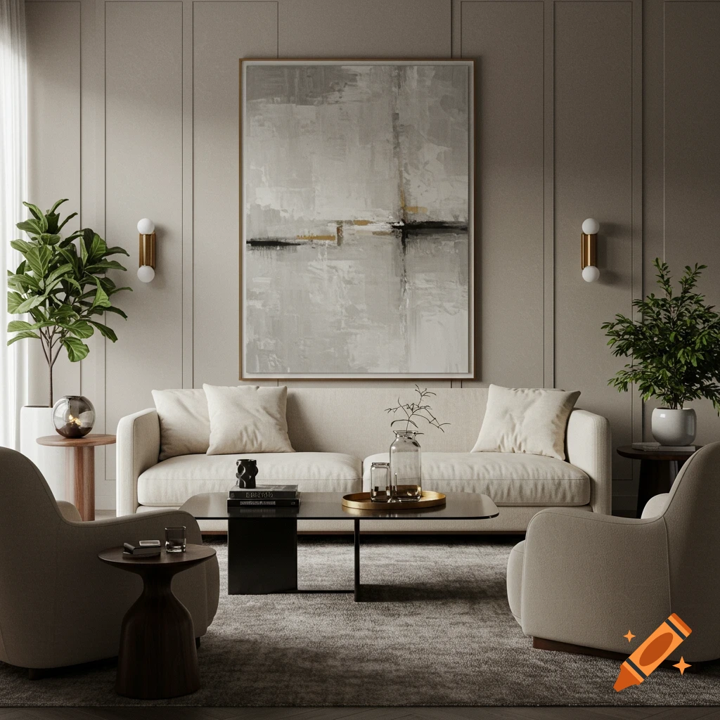 A sophisticated, modern living room with a beige sofa, coffee table, large abstract painting, and indoor plants in neutral tones.