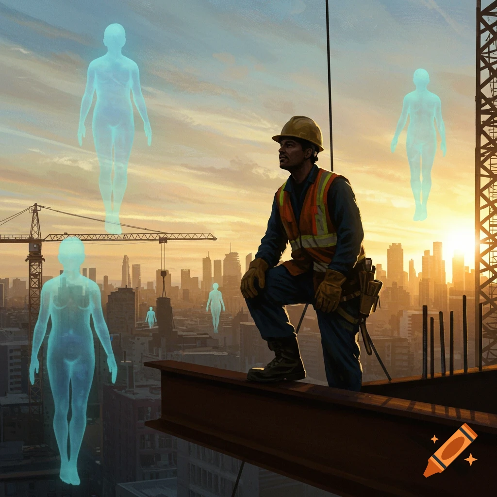 A construction worker kneels on a steel beam high above a city at sunset, looking up at several glowing, translucent human figures floating around him.