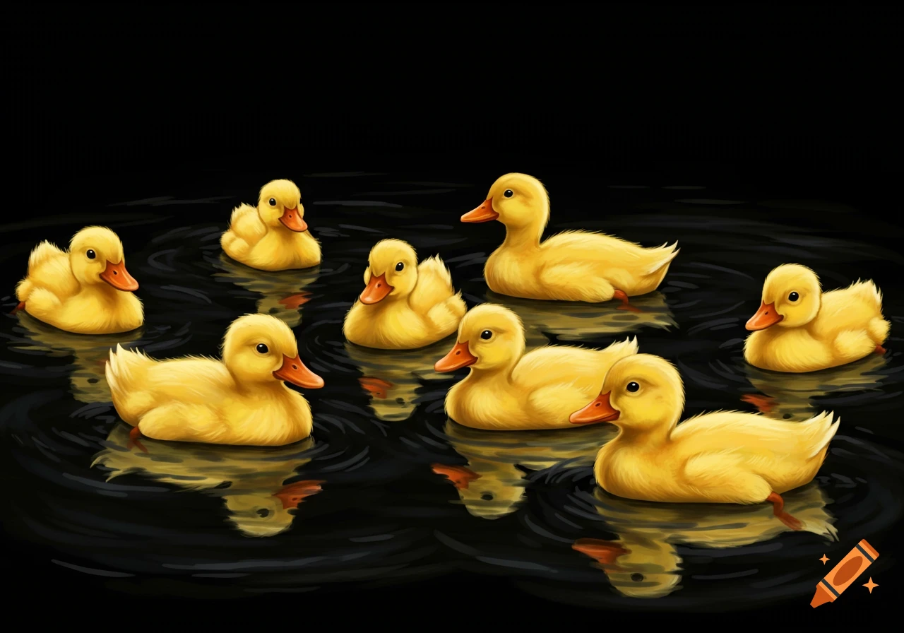 Eight bright yellow ducklings swim on a dark, reflective surface in an illustrated style.