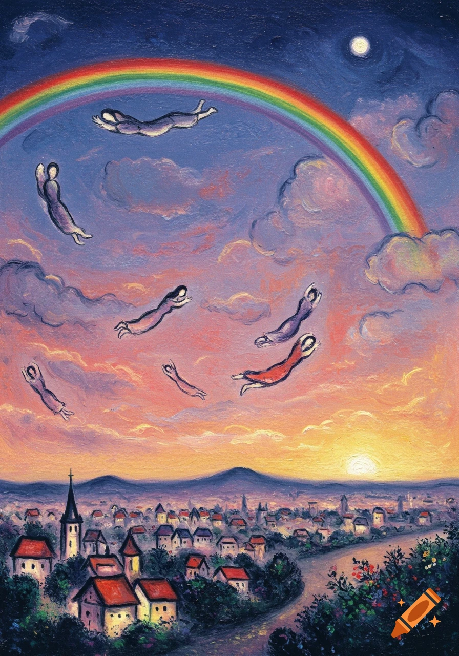 A vibrant Chagall-style painting of stylized figures floating under a rainbow in a sunset sky above a town.