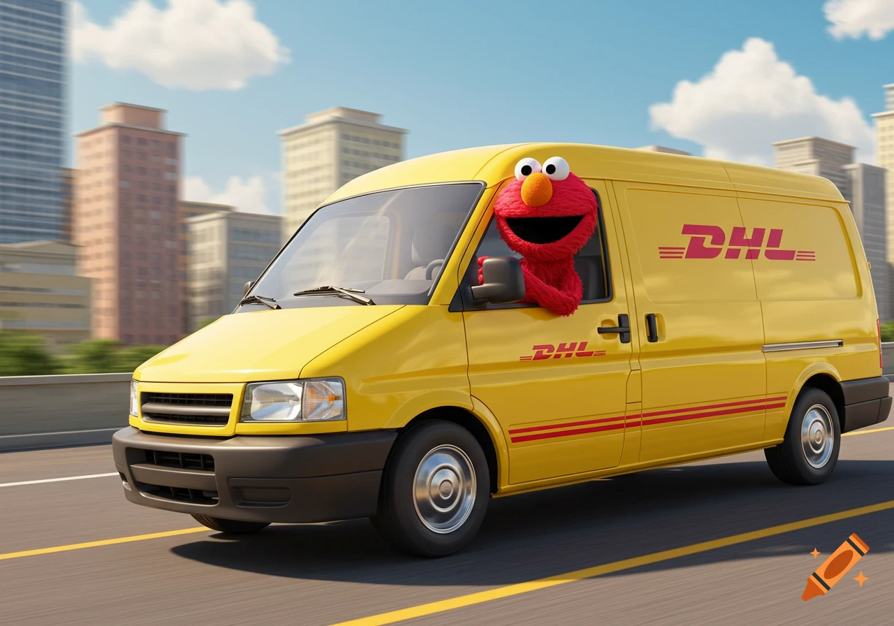 Elmo, a red furry monster, waves from the window of a yellow DHL delivery van driving on a road with city buildings in the background.