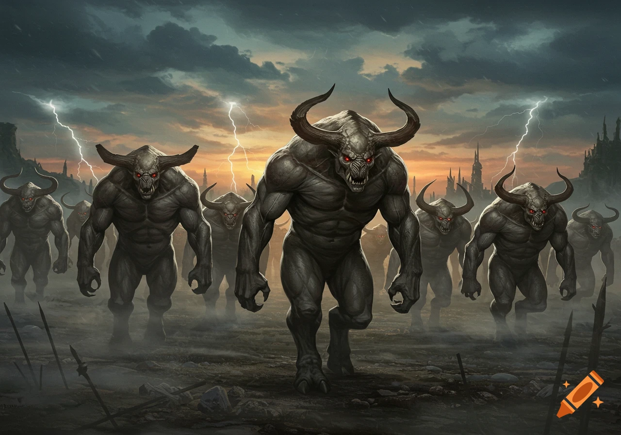 An army of muscular, horned grey-brown monsters with glowing red eyes marches across a desolate landscape under a stormy, lightning-filled sky.