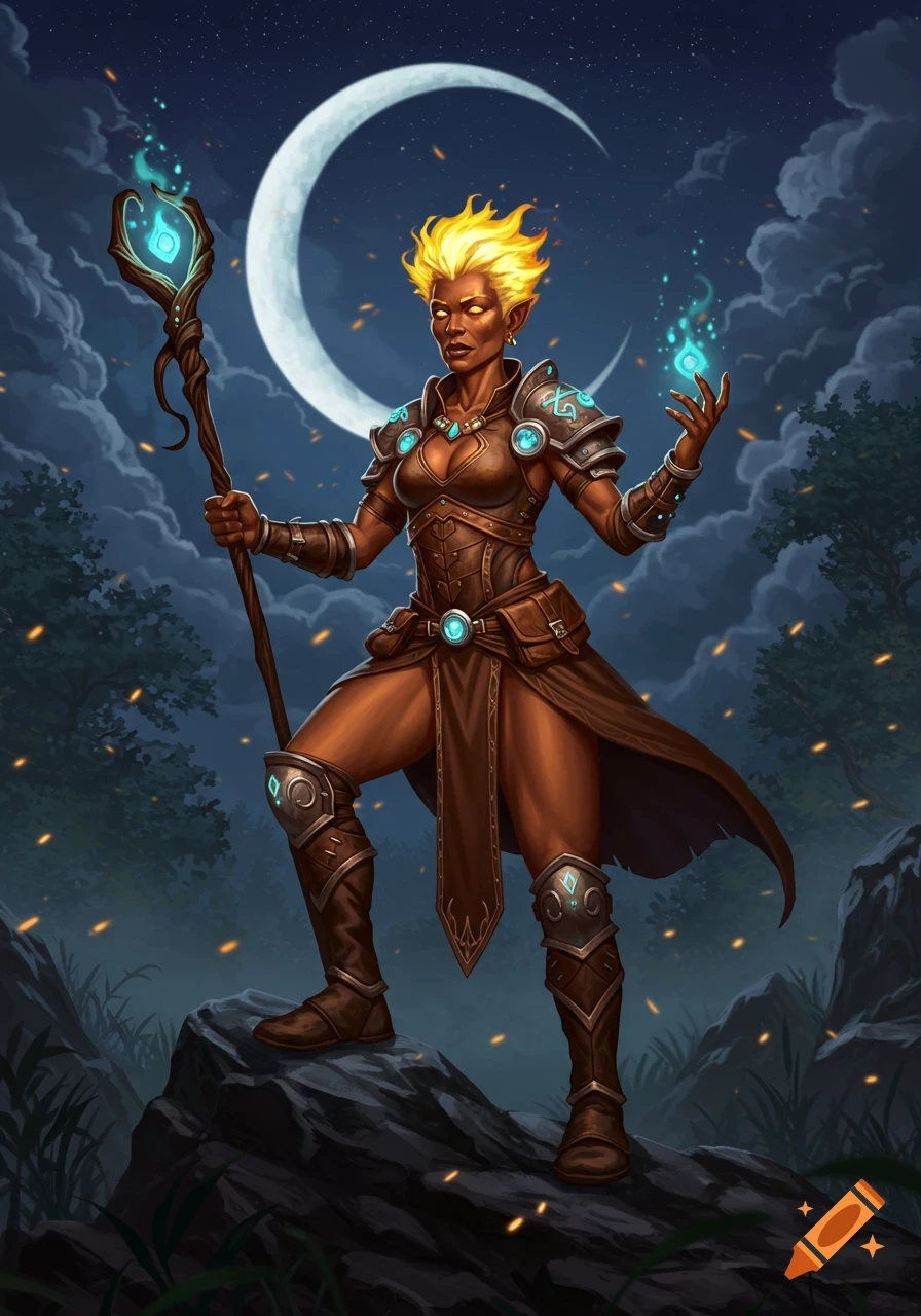A dark-skinned female warlock with spiky fire-yellow hair stands on a rock under a crescent moon, holding a magical staff and casting a spell. She wears ornate brown leather armor with glowing blue accents in this fantasy art style.