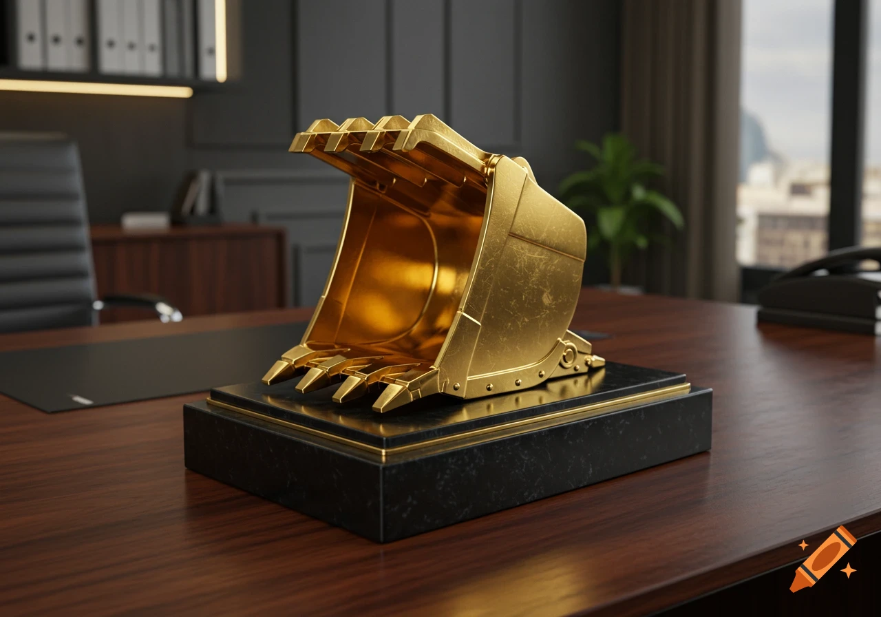 A luxurious golden excavator bucket trophy on a black marble base sits on a dark wooden executive desk.
