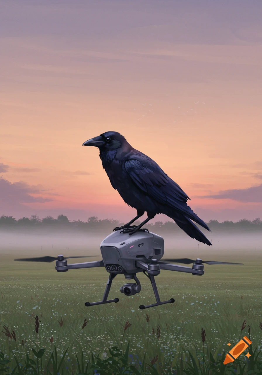 A black crow perches on a grey drone in a grassy field with a misty forest under a sunset sky, photorealistic.