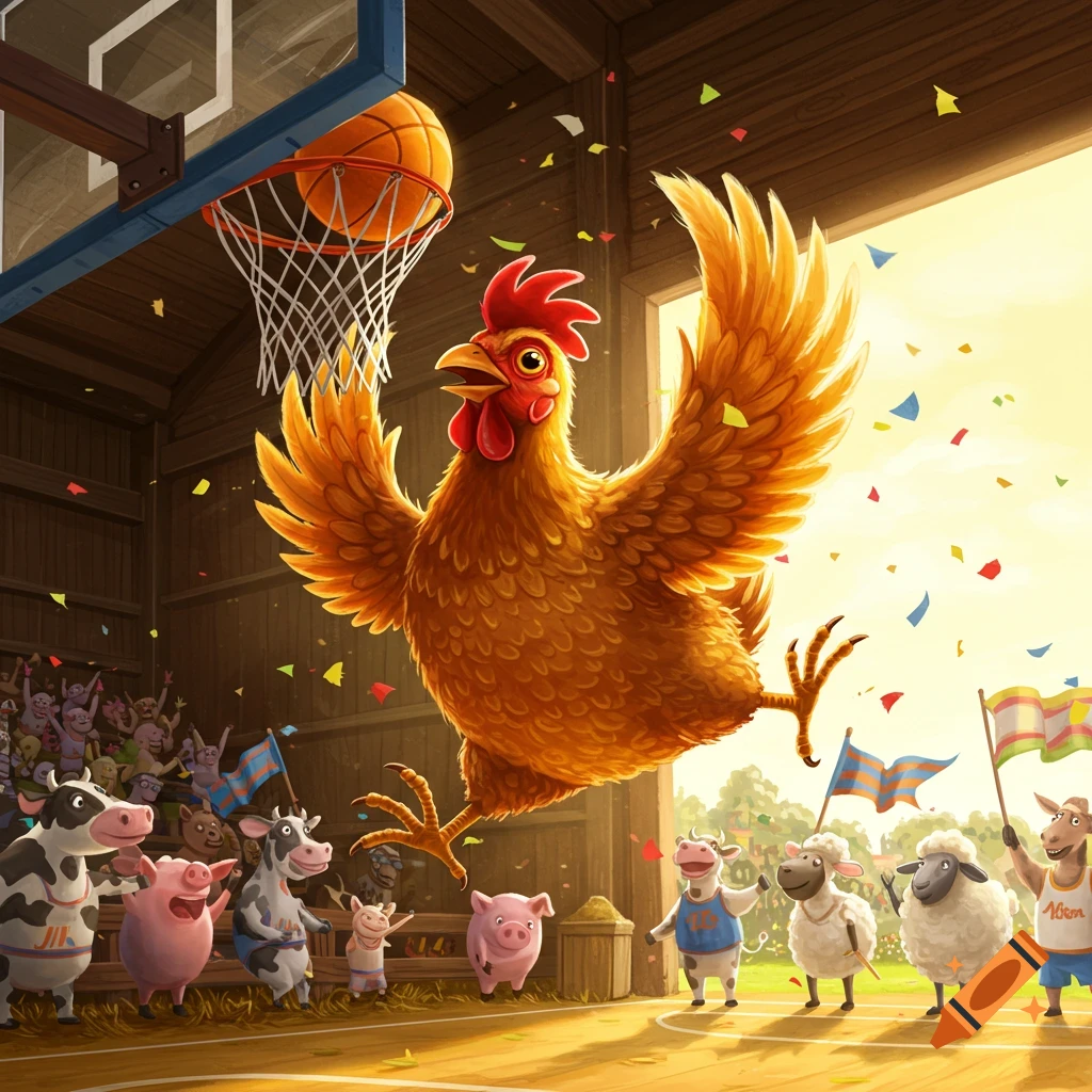 A cartoon chicken dunks a basketball in a barn, with cheering farm animals like cows, pigs, and sheep watching.