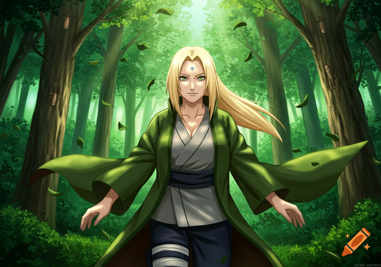 An anime character, Tsunade from Naruto, with long blonde hair and a green robe, stands in a vibrant green forest with leaves falling around her.