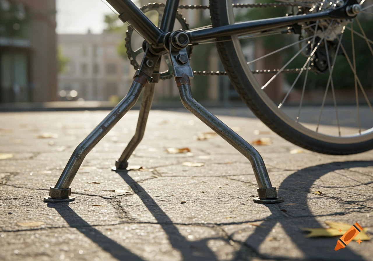A close-up, low-angle shot of a bicycle's multi-legged kickstand on a paved surface with autumn leaves.