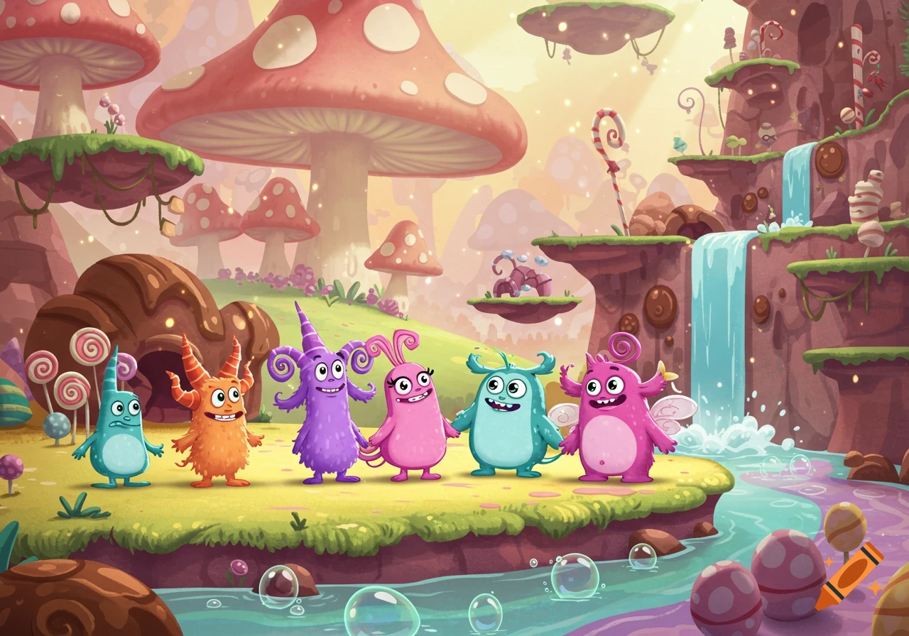 Colorful, friendly monsters stand by a stream in a whimsical candy-themed landscape with giant mushrooms and waterfalls, in a cartoon style.