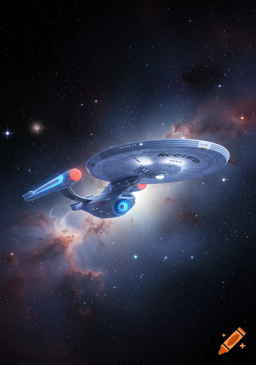 The Star Trek USS Enterprise spaceship cruises through deep space filled with stars and a vibrant nebula.