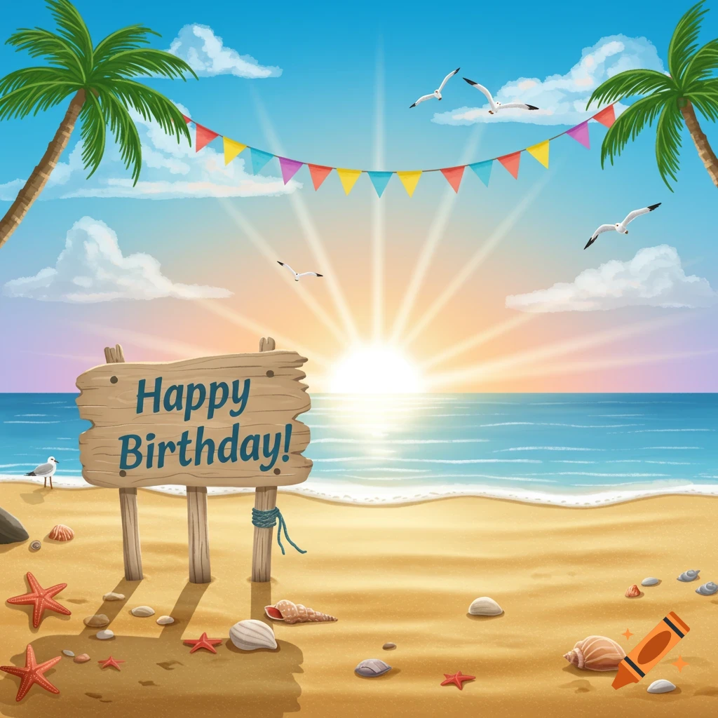 A vibrant illustration of a beach at sunset with a 'Happy Birthday!' sign, palm trees, seagulls, and seashells on the sand.