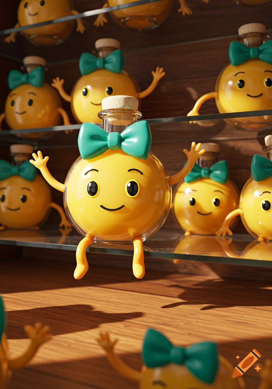 Cheerful yellow bottles with faces, limbs, and teal bows are arranged on glass shelves in a wooden cabinet.