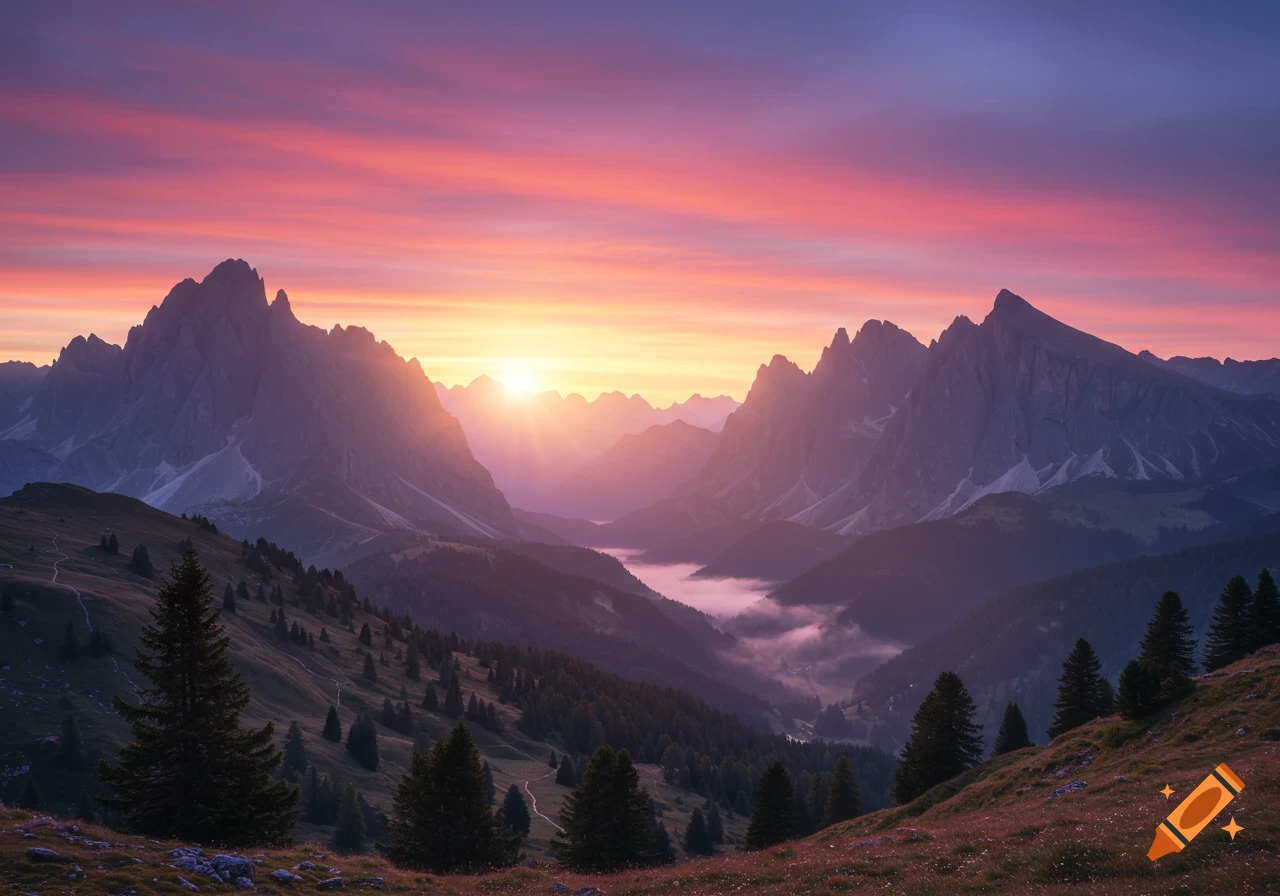 A dramatic mountain landscape at sunrise with a vibrant pink and orange sky, hazy valleys, and pine trees.