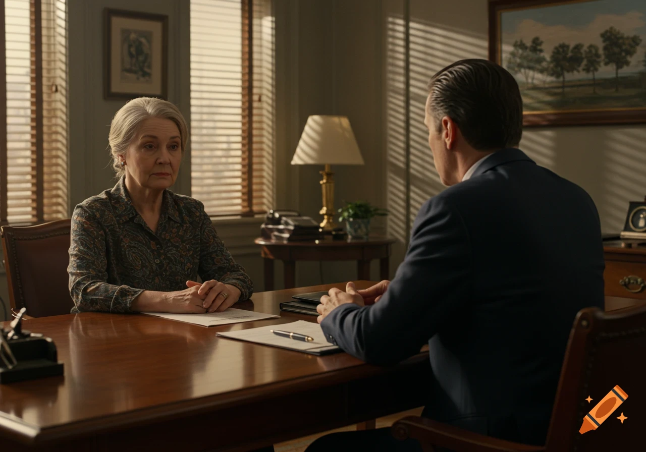An older woman sits at a polished wooden desk across from a man seen from behind, in a sunlit office, during a consultation.