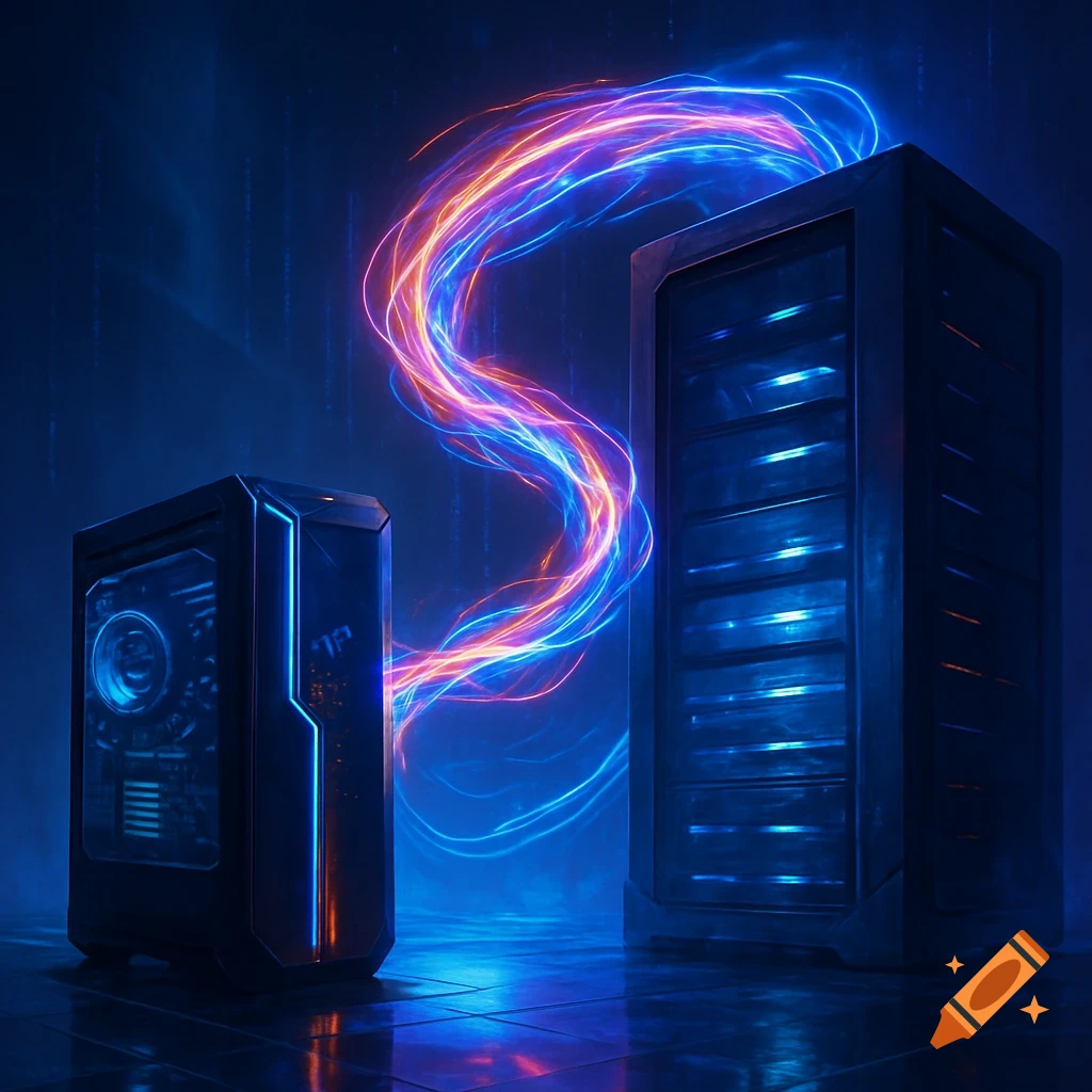 A dark room with a glowing blue PC client on the left and a server on the right, connected by vibrant neon orange and blue data streams.