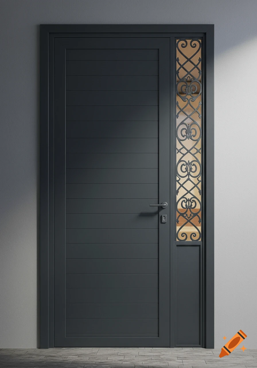 Photorealistic dark grey aluminum door with horizontal panels and a decorative wrought iron side lite.