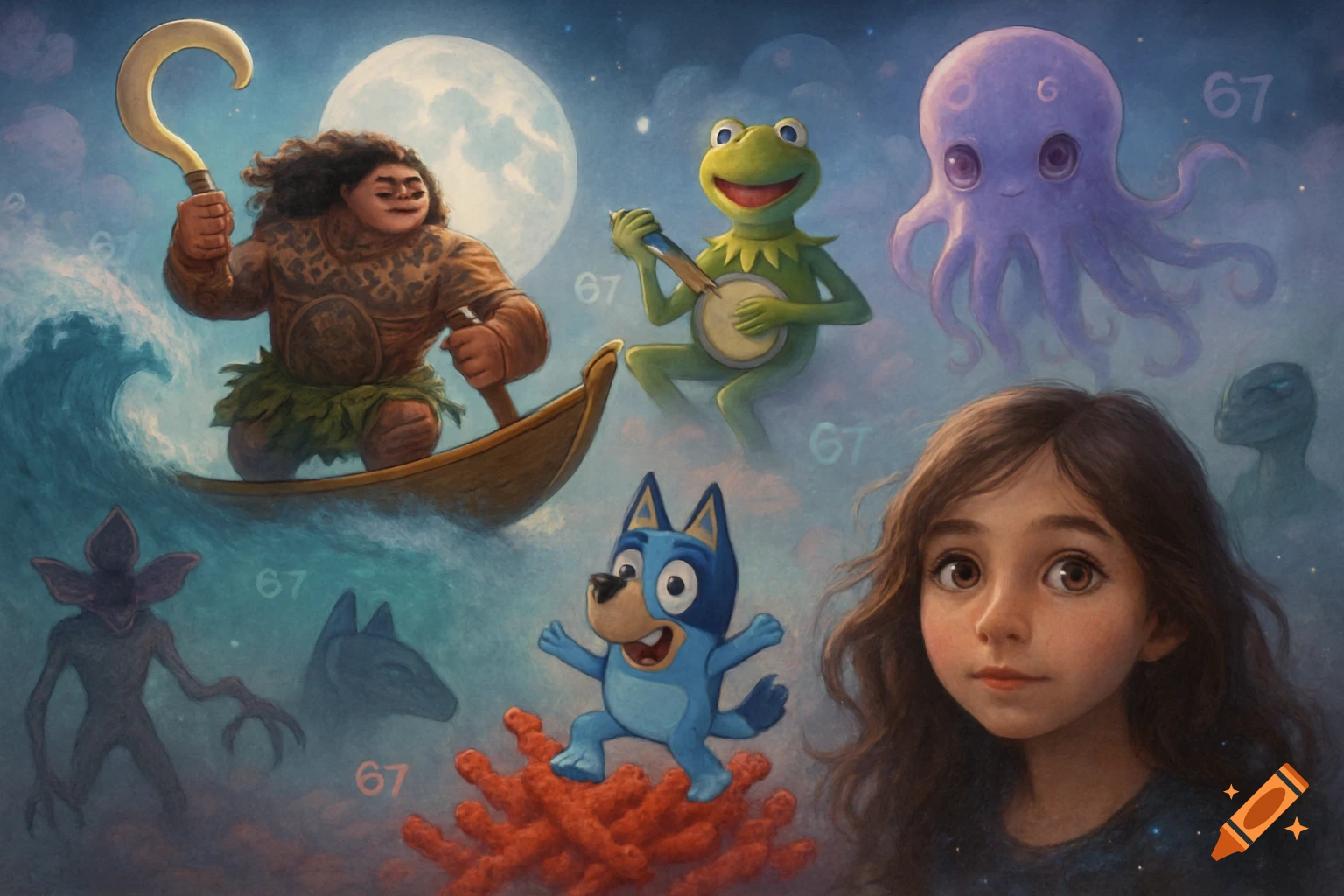 Dreamlike scene with Maui on a boat, Kermit, Bluey, purple octopus, Demogorgon, and a girl, with '67' text.