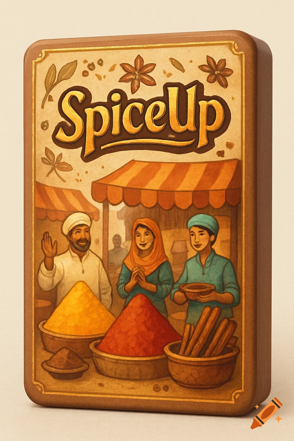 An illustrated 'SpiceUp' card game box featuring a vibrant market scene with smiling merchants and colorful piles of spices.