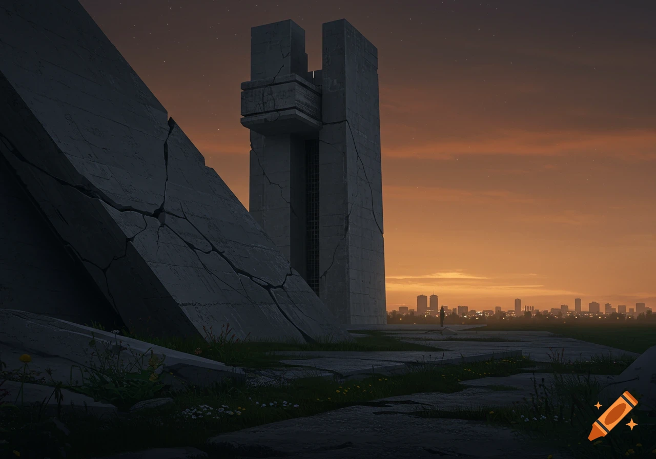 Cracked brutalist monument in a desolate field with a lone figure and a distant city skyline under an orange twilight sky.