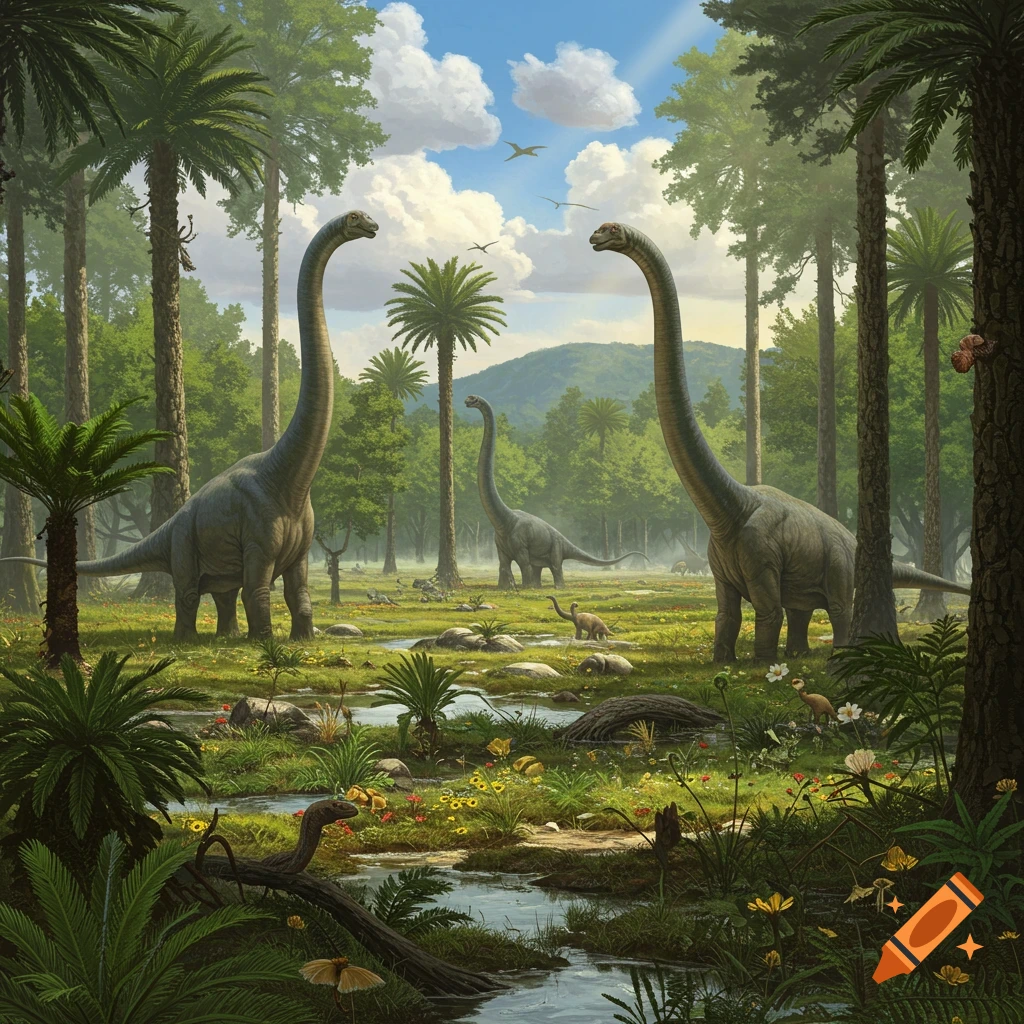 Two large long-necked dinosaurs in a lush prehistoric forest with a winding stream, smaller dinosaurs and dense foliage.