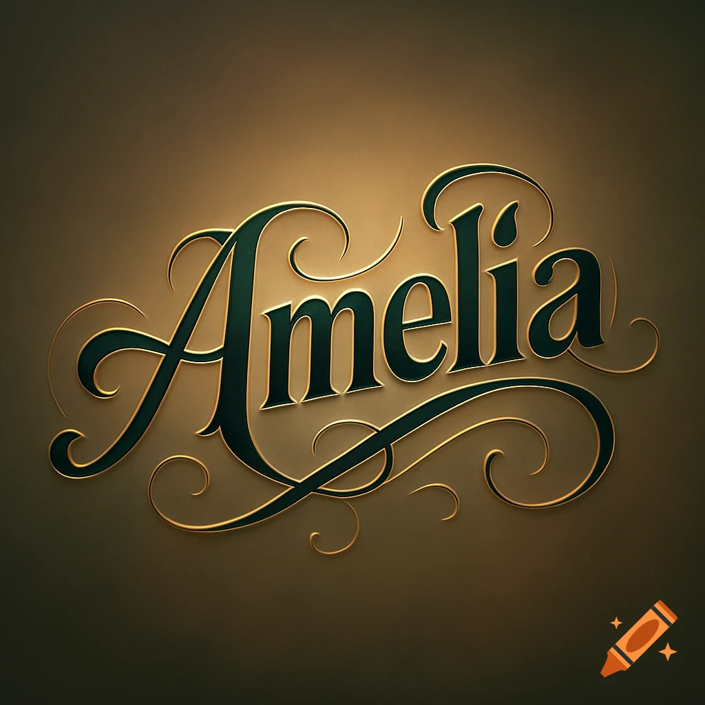 Elegant gold and dark green ornate typography spells 'Amelia' on a warm brown background.