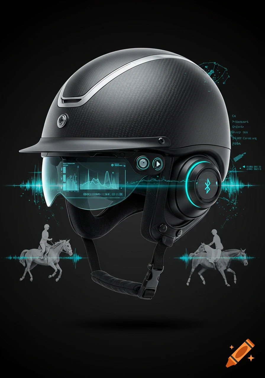 A futuristic dark gray carbon fiber horse riding helmet with a holographic visor and glowing blue accents, on a dark background.
