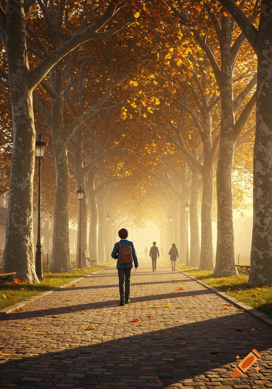 A student with a backpack walks on a cobblestone path lined with sunlit autumn trees and fallen leaves.