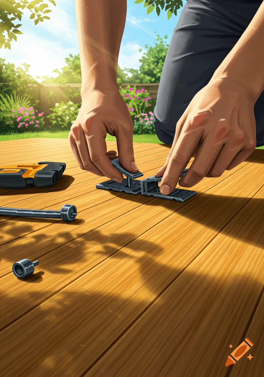Close-up of hands assembling black decking grips on a wooden deck in a sunny backyard, stylized illustration.