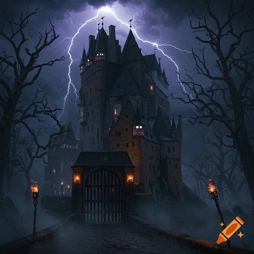 A dark, gothic castle under a lightning-filled stormy sky, surrounded by gnarled trees. A stone bridge leads to its torch-lit gate.