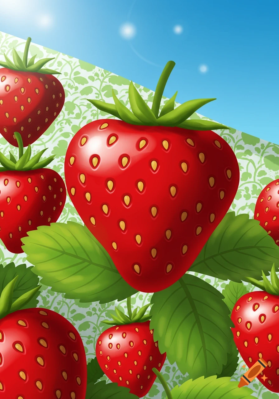 Close-up of vibrant red strawberries with green leaves, set against a patterned white and green background and a bright blue sky.