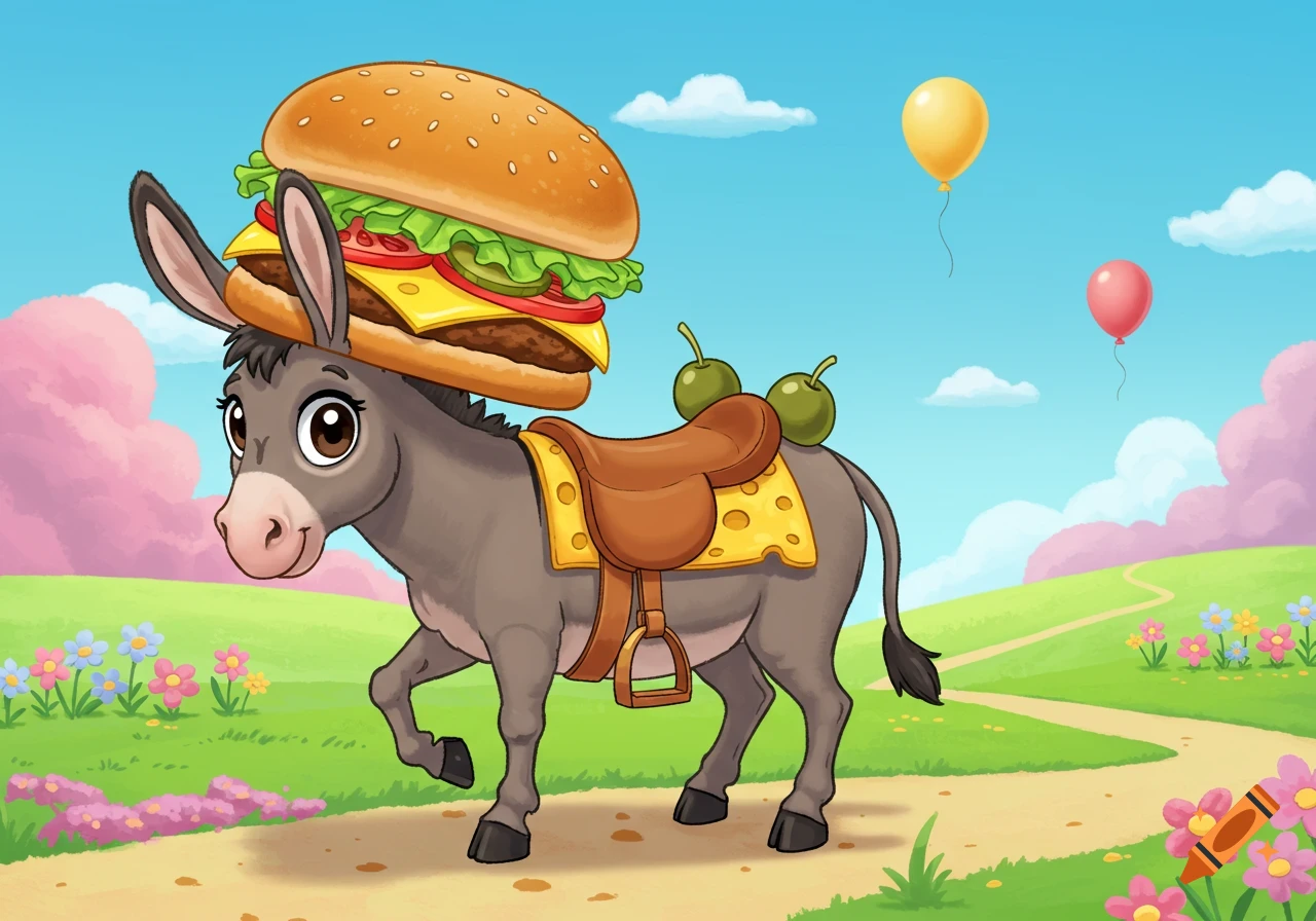 A cute cartoon donkey with a giant hamburger on its head and a cheese-patterned saddle walks on a path in a whimsical, flowery landscape with balloons.