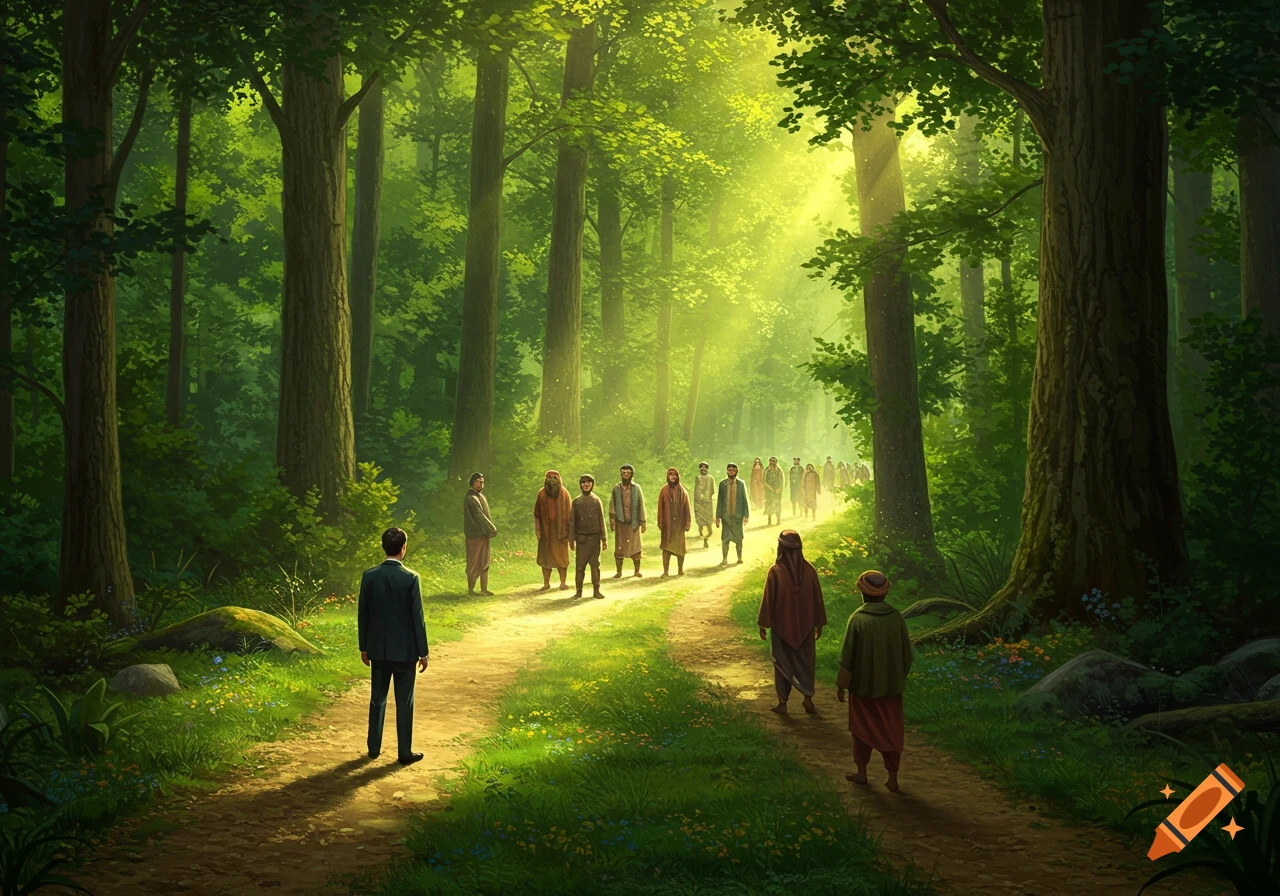 A man in a suit stands at a sunlit forest path fork as people in traditional clothing walk ahead on the right path. Lush green trees.