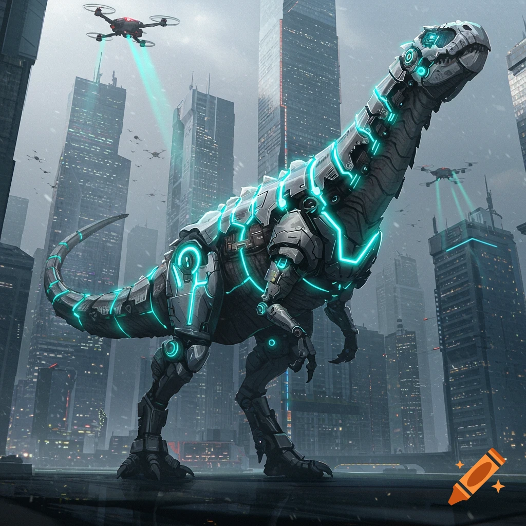 A futuristic robotic T-Rex stands in a city as drones fly overhead, one casting a turquoise beam on it. Detailed sci-fi illustration.