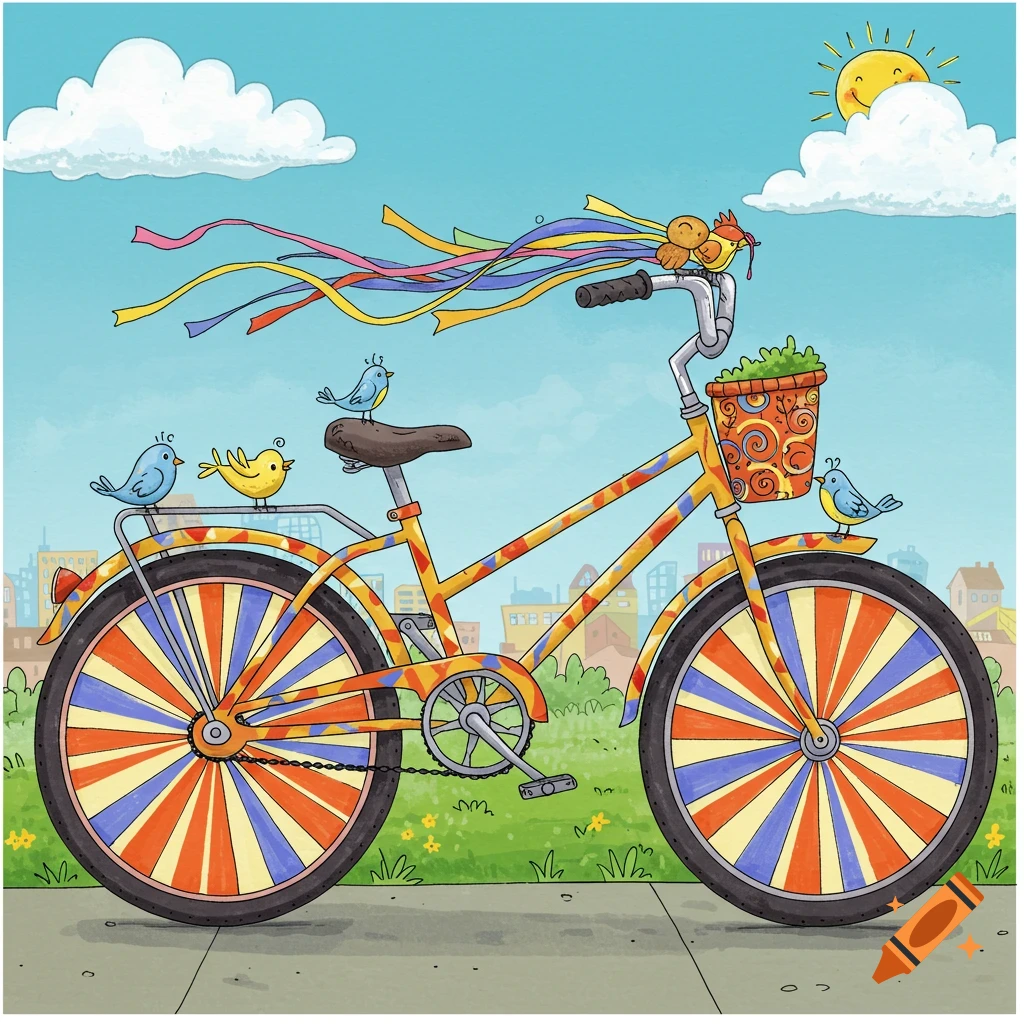 A colorful cartoon bicycle with ribbons, a basket, and small birds, on a sidewalk with a city backdrop and sunny sky.